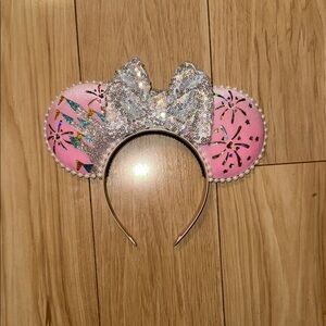 Pink Cinderella Castle and Silver Sequin Bow Disney Ears